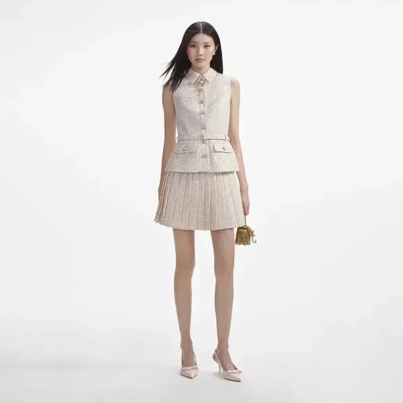 knee length dresses for ladies Cream Embellished Boucle Mini Dress – self-portrait main image 0